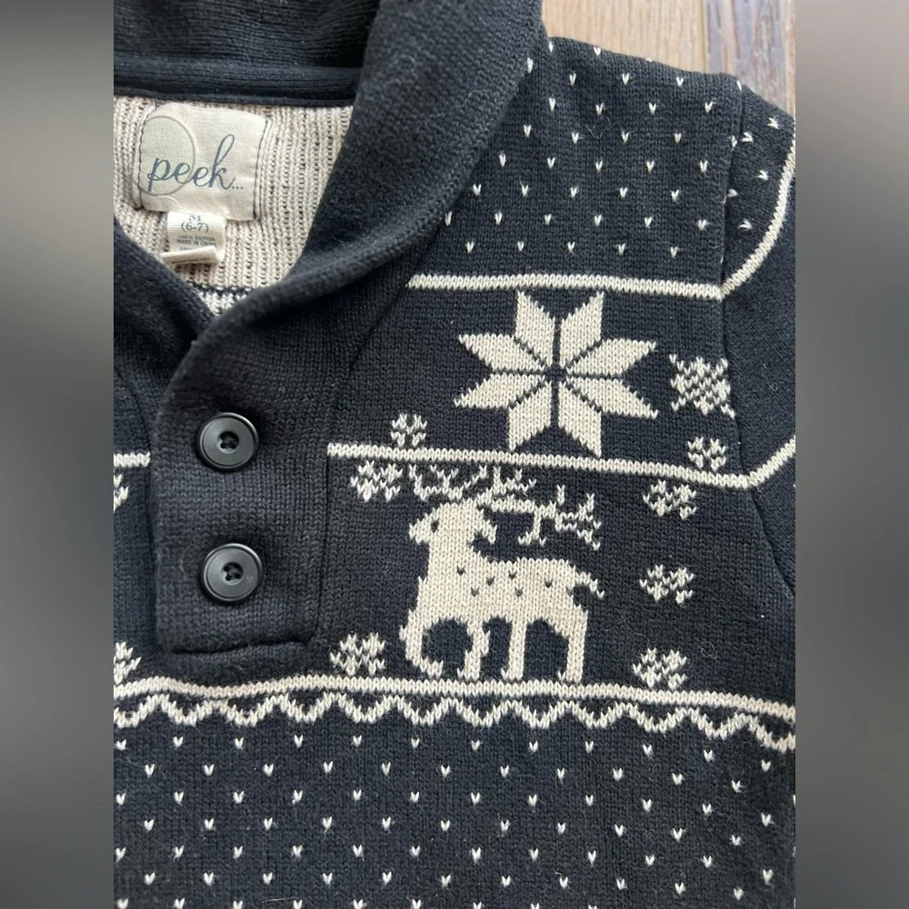 Peek Kids Fair Isle Reindeer Shawl Collar Sweater Black & Cream Medium 6–7 Years